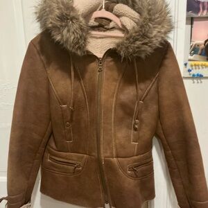 Brown Faux Fur Hooded Women's Jacket